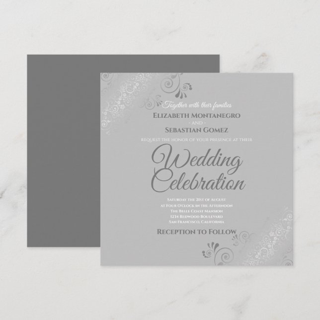 Silver Filigree Elegant Grått Square Bröllop Inbjudningar (Fram/baksida)