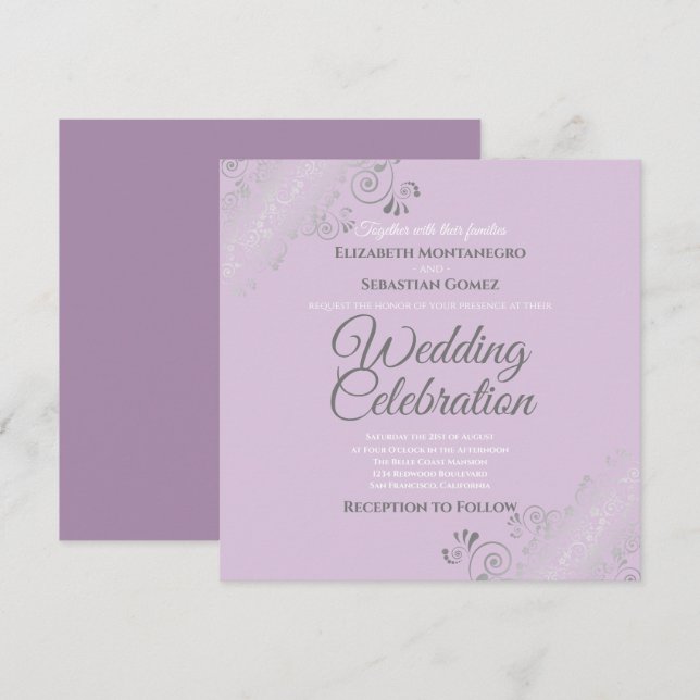 Silver Filigree Elegant Lavender Square Bröllop Inbjudningar (Fram/baksida)