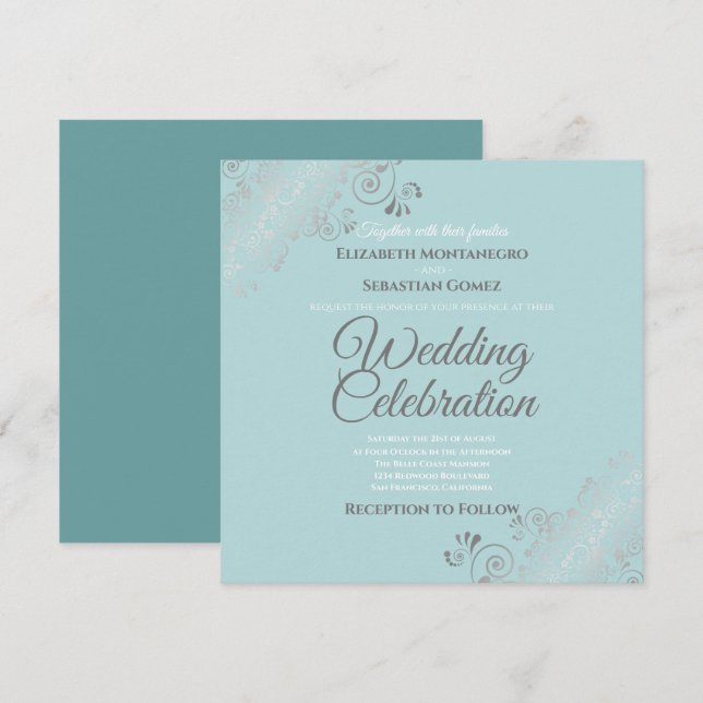 Silver Filigree Elegant Light Teal Square Bröllop Inbjudningar (Fram/baksida)