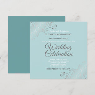 Silver Filigree Elegant Light Teal Square Bröllop Inbjudningar