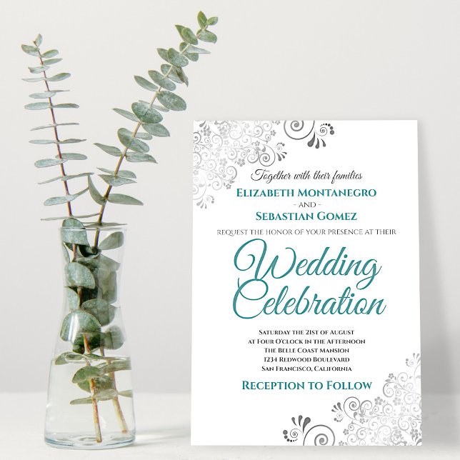 Silver Filigree Elegant Simple Teal & Grått Bröllo Inbjudningar (Skapare uppladdad)