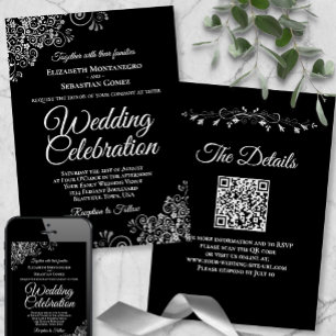 Silver Filigree on Black Elegant QR Code Bröllop Inbjudningar