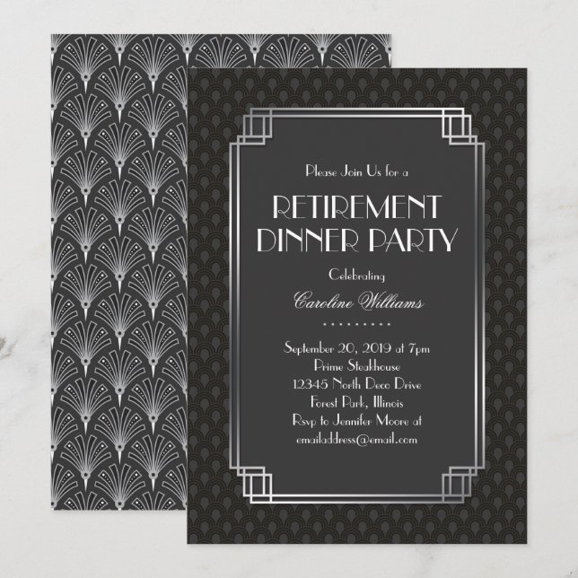 Silver Fläkt Art Deco Pension Party Inbjudningar (Fram/baksida)