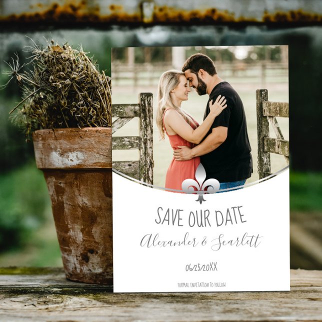 Silver Fleur de Lis Foto Spara datum Meddelande (Silver Fleur de Lis Photo Save the Date)