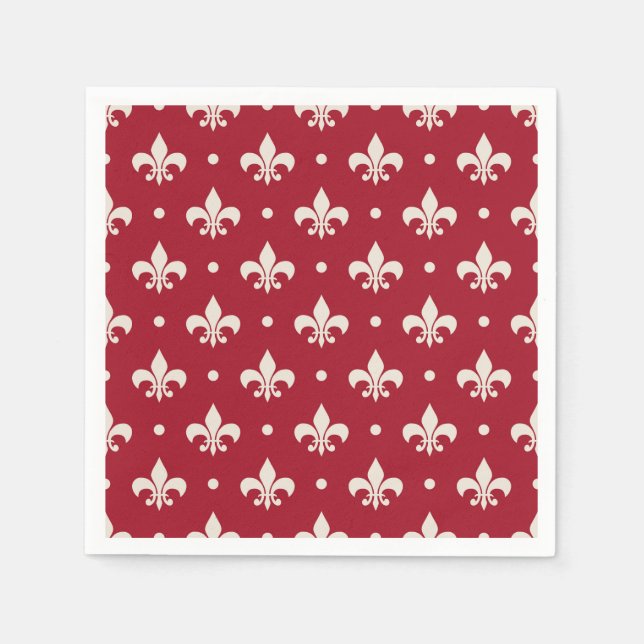 Silver Fleur De Lis mönster mot röd bakgrund Pappersservett (Framsidan)