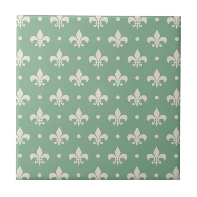 Silver Fleur De Lis mönster om gröntens bakgrund Kakelplatta (Framsidan)