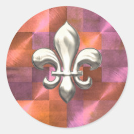 Silver Fleur de Lis om geometrisk Orange och Lila Runt Klistermärke