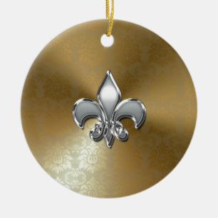 Silver Fleur-De-Lis på Guld Damask Julgransprydnad Keramik