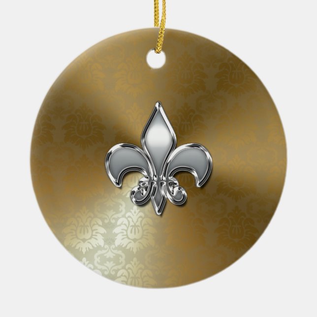 Silver Fleur-De-Lis på Guld Damask Julgransprydnad Keramik (Framsidan)