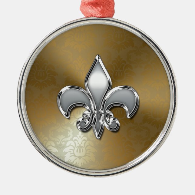 Silver Fleur-De-Lis på Guld Damask Julgransprydnad Metall (Framsidan)