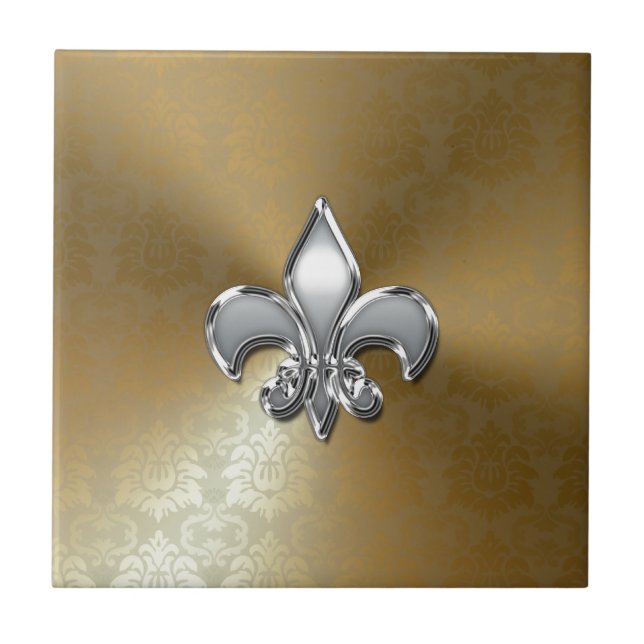 Silver Fleur-De-Lis på Guld Damask Kakelplatta (Framsidan)