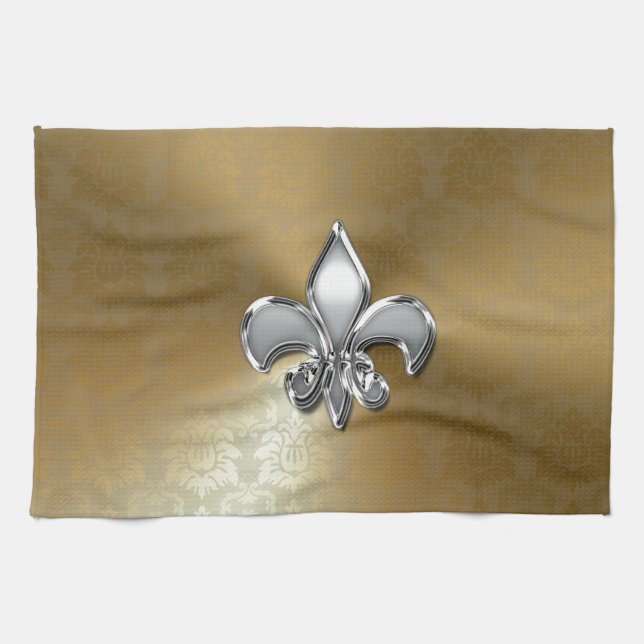 Silver Fleur-De-Lis på Guld Damask Kökshandduk (Horisontell)