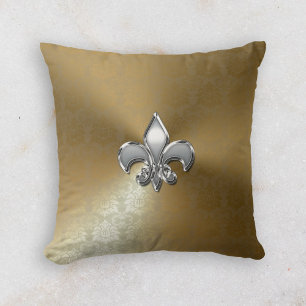 Silver Fleur-De-Lis på Guld Damask Kudde