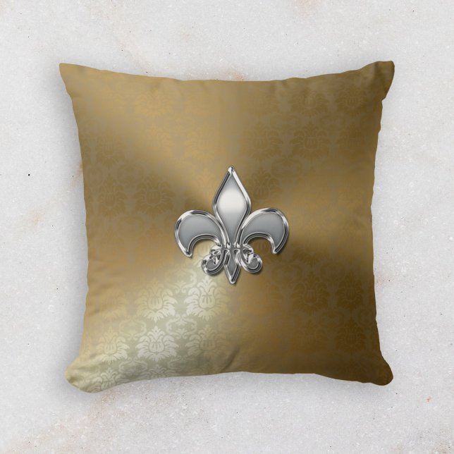Silver Fleur-De-Lis på Guld Damask Kudde (Skapare uppladdad)