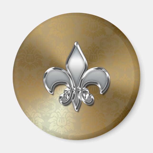 Silver Fleur-De-Lis på Guld Damask Magnet (Framsidan)