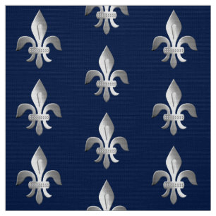 Silver Fleur-de-lis på indigoblå blått Tyg