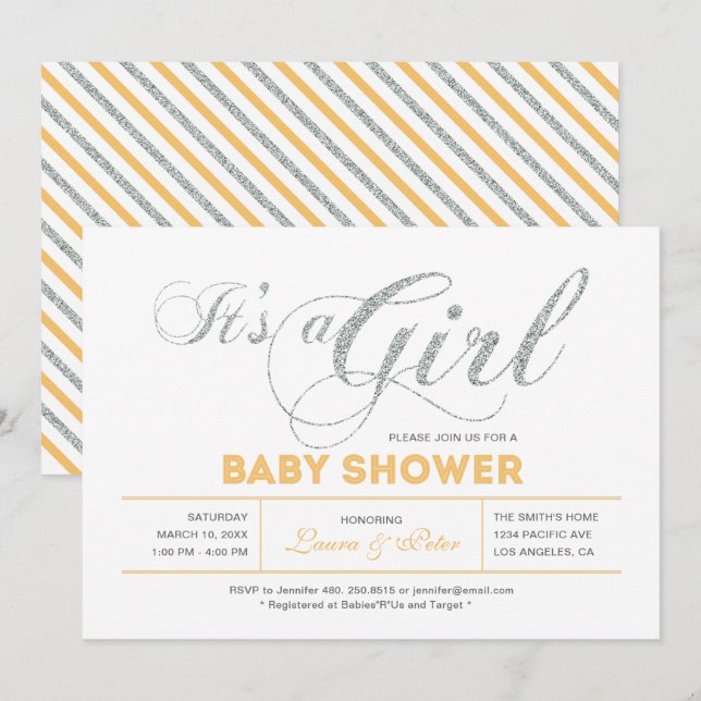 Silver | Flicka, Modern Typografi Baby Shower-fest Inbjudningar (Fram/baksida)