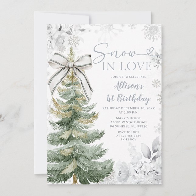 Silver Floral Snow In Love Christmas Tree Birthday Inbjudningar (Framsida)