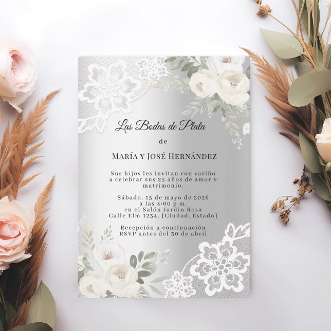 Silver Florals Bröllopsinbjudan Bodas de Plata Inbjudningar (Skapare uppladdad)