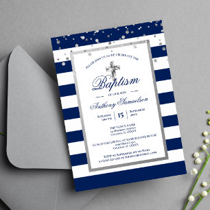 Silver-flottan Blue Rand Baptism Christening Boy Inbjudningar