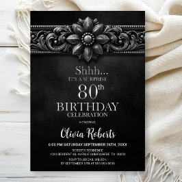 Silver Flower Black Surprise 80th Birthday Party Inbjudningar