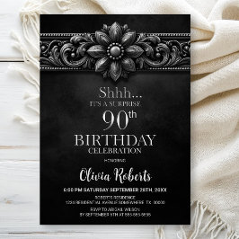 Silver Flower Black Surprise 90th Birthday Party Inbjudningar