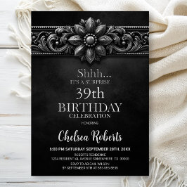 Silver Flower Black Surprise Birthday Party Inbjudningar