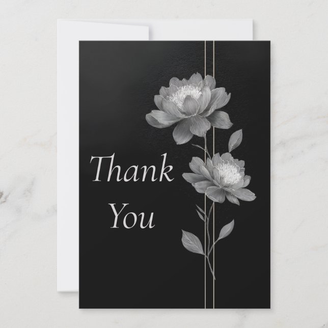 Silver Flowers & Lines on Black Thank You Card Inbjudningar (Framsida)