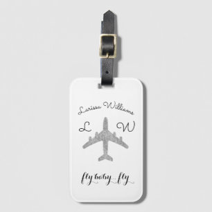 silver-flygplan med namn & initialer, resa bagagebricka