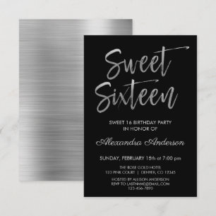 Silver Foil and Black Sweet sixteen Birthday Inbjudningar