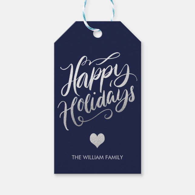 Silver Foil and navy Blue Glad helg Anpassningsbar Presentetikett (Framsidan)