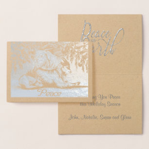 Silver Foil Animals Goats and Hund Peace on Earth Folierat Kort