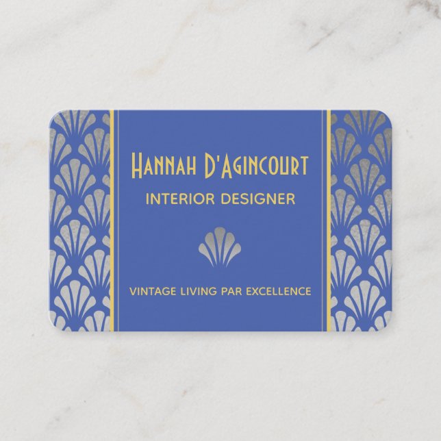 Silver Foil & Blue Art Deco Fläkt Mönster Chic Visitkort (Framsida)
