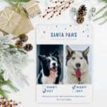 Silver Foil & Blue Santa Paws Two Dog Photo Card<br><div class="desc">Cute and funny pet holiday cards! "Santa Paws is coming to town" two dog Christmas photo card with naughty or nice checkmarks and real foil accents!</div>