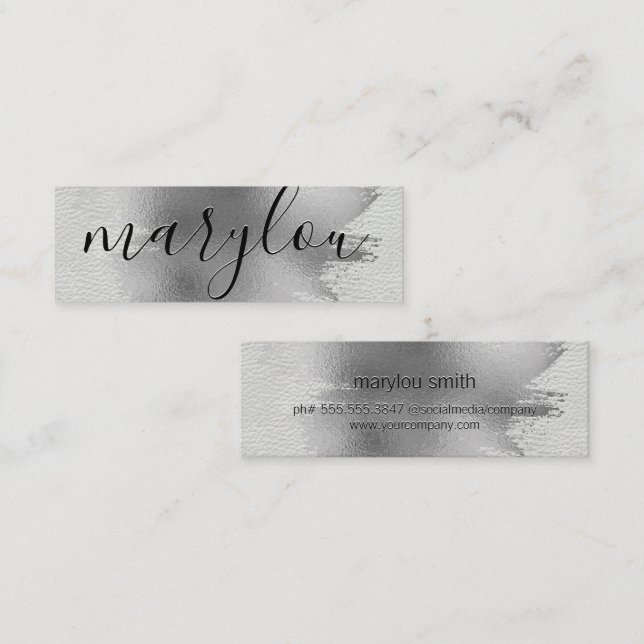 Silver Foil Brushed | Vitt läder Mini Visitkort (Fram/baksida)