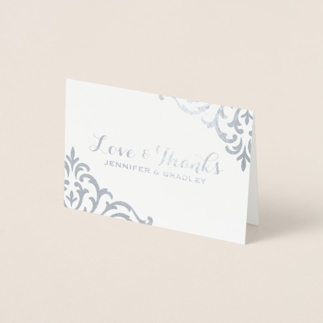 Silver Foil Damask Elegant bröllop Tack Folierat Kort (Framsida)
