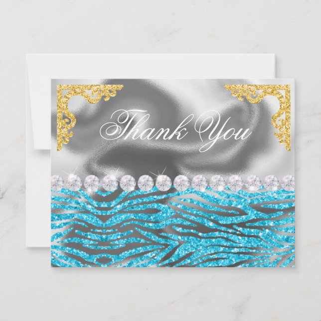 Silver Foil Guld & Light Blue Zebra tryck Birthday Tack Kort (Framsida)
