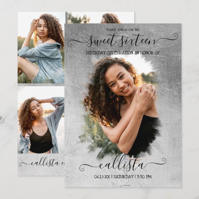 Silver Foil Halo Photo Collage Sweet 16 Inbjudningar (Fram/baksida)
