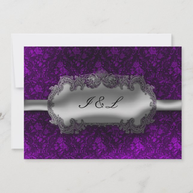 Silver Foil look Damask Goth Bröllop Inbjudningar (Framsida)