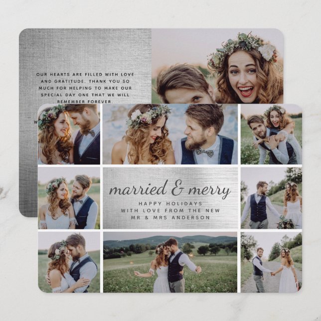 Silver Foil Married & Merry Bröllop Announcement Julkort (Fram/baksida)