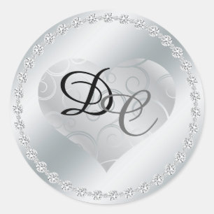 Silver Foil Metallic Heart Monogram Bröllop Sticke Runt Klistermärke