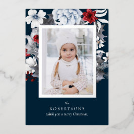 Silver Foil Navy Foliage Photo jul Card