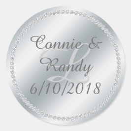 Silver Foil och Diamond Monogram Bröllop Sticker Runt Klistermärke