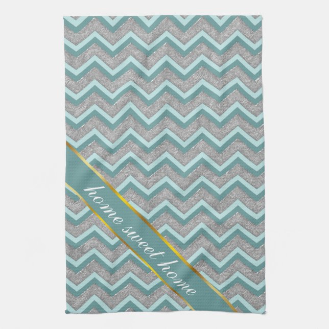 Silver Foil och Teal ZigZag Kökshandduk (Vertikal)