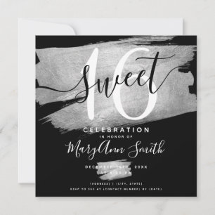 Silver Foil Paint Sweet 16th Birthday Black Inbjudningar