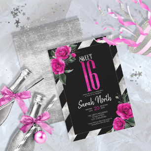 Silver Foil Rand Blommigt Shock rosa ID759 Inbjudningar
