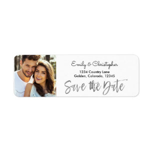 Silver Foil Script Bröllop spara datum Photo Returadress Etikett