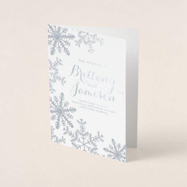 Silver Foil Snöflingor Winter bröllopsprogram Folierat Kort (Framsida)