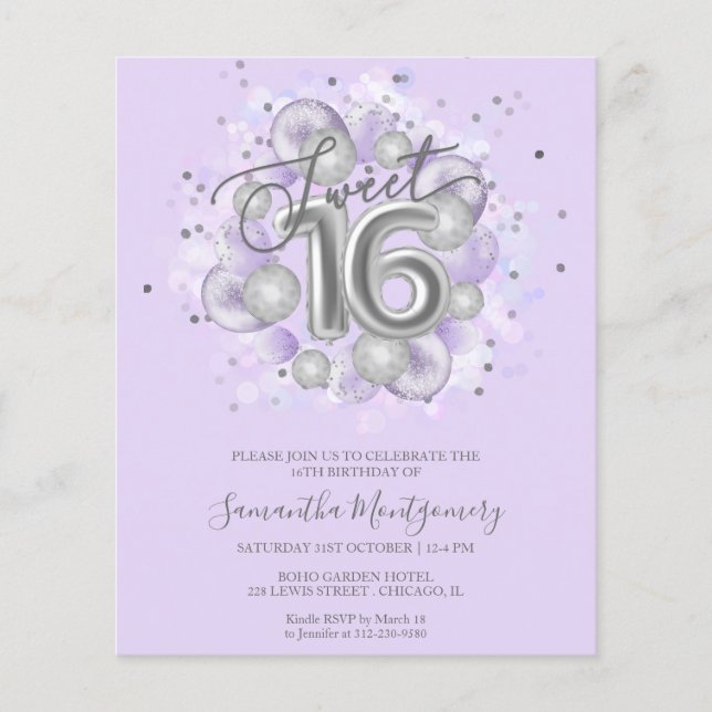 Silver Foil Sweet 16 Ballonger Budget Inbjudan (Framsida)