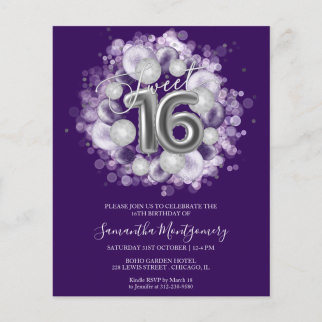 Silver Foil Sweet 16 ballons budgetinbjudan (Framsida)